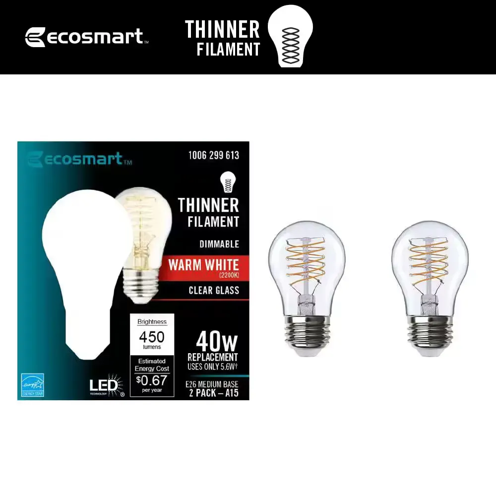 ***Pack of 4***40-Watt Equivalent A15 Dimmable Fine Bendy Filament LED Vintage Edison Light Bulb Warm White (2-Pack) - image 1