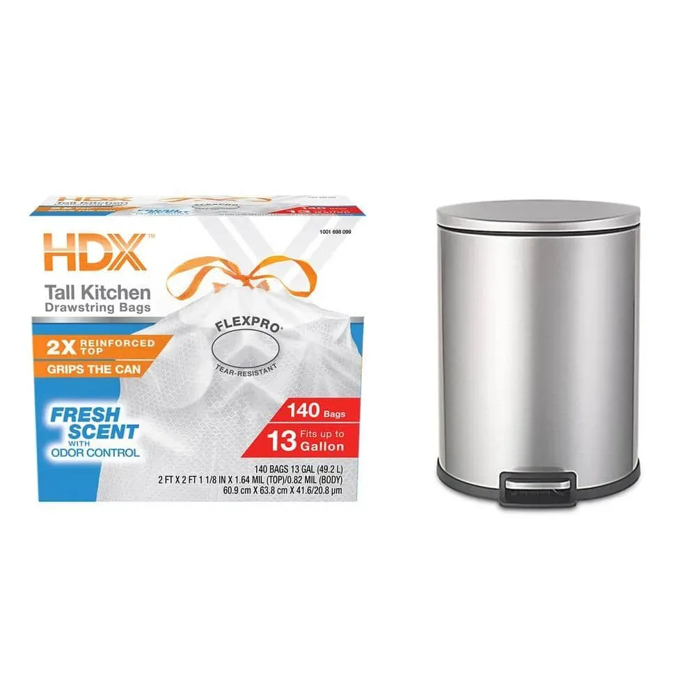 13 Gal. Stainless Steel D Shape Step-On Trash Can Plus 13 Gal. Drawstring Fresh Scent Kitchen Trash Bag (150-Count) - image 1