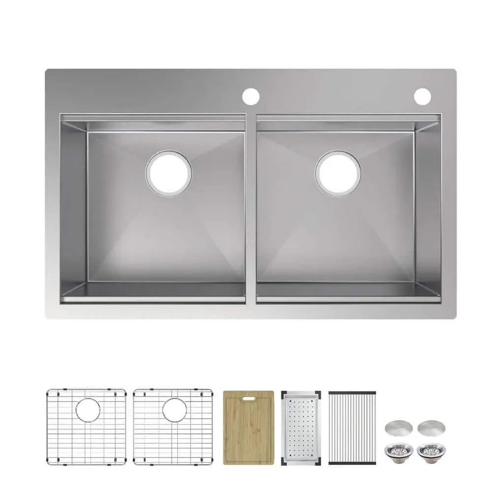 Glacier Bay Professional Zero Radius 36 in. Drop-In Double Bowl 16 Gauge Stainless Steel Workstation Kitchen Sink with Accessories - image 1