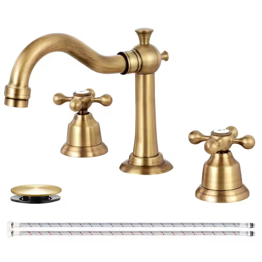 Double handle 8 in. Widespread Bathroom Faucet 3-Hole Bathroom Sink Faucet with Pop-Up Drain in Antique Brass - image 1