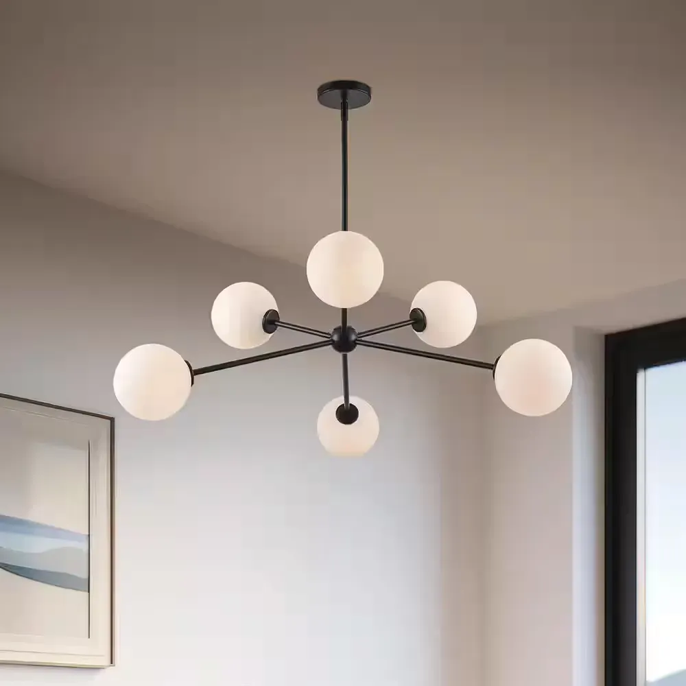 39 in. Avaline 6-Light Black Cluster Pendant Light with Glass Shades - image 1