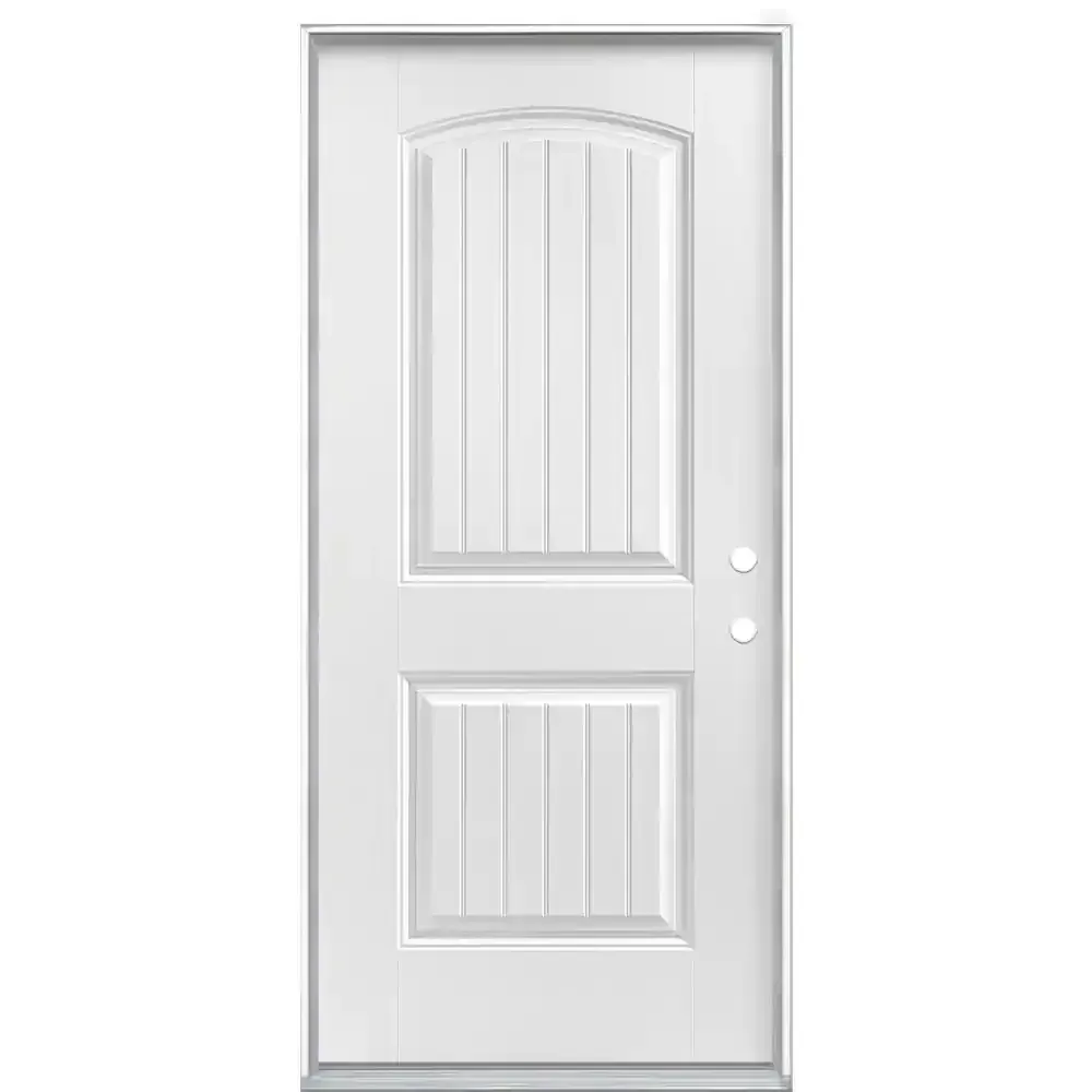 32 in. x 80 in. Cheyenne 2-Panel Left Hand Inswing Primed Smooth Fiberglass Prehung Front Exterior Door w Brickmold - image 1