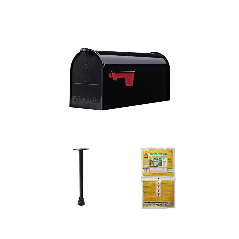 Elite Black Medium Steel Post Mount Mailbox, Aluminum Top Mount Post and 2 lb. PostFix Mix Combo - image 1