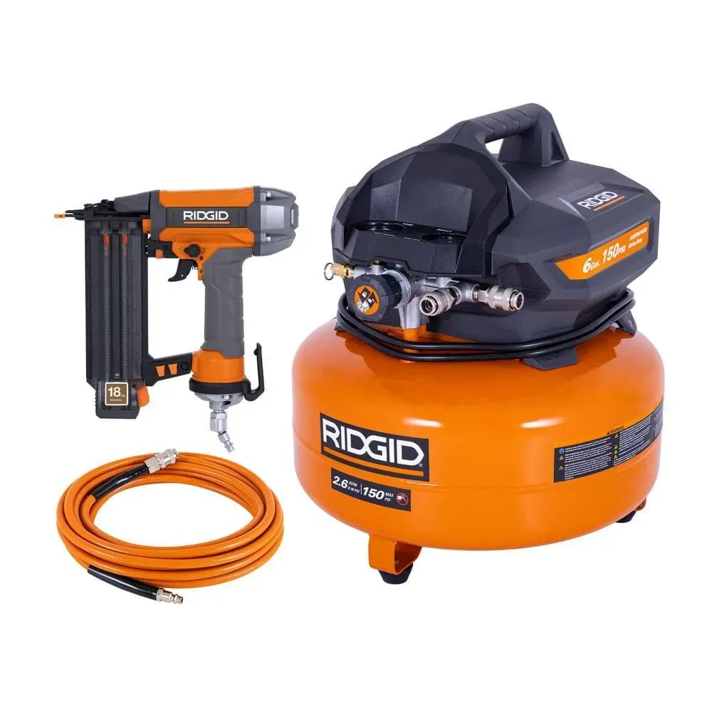 RIDGID 6 Gal. 150 PSI Portable Electric Oil-Free Jobsite Pancake Air Compressor with 25 ft. Air Hose and 18GA Brad Nailer - image 1