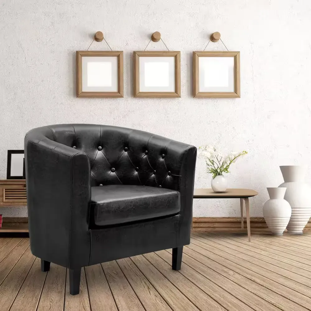 29.5 in. Rolled Arm Faux Leather Curved Button-Tufted Sofa in Black - image 1