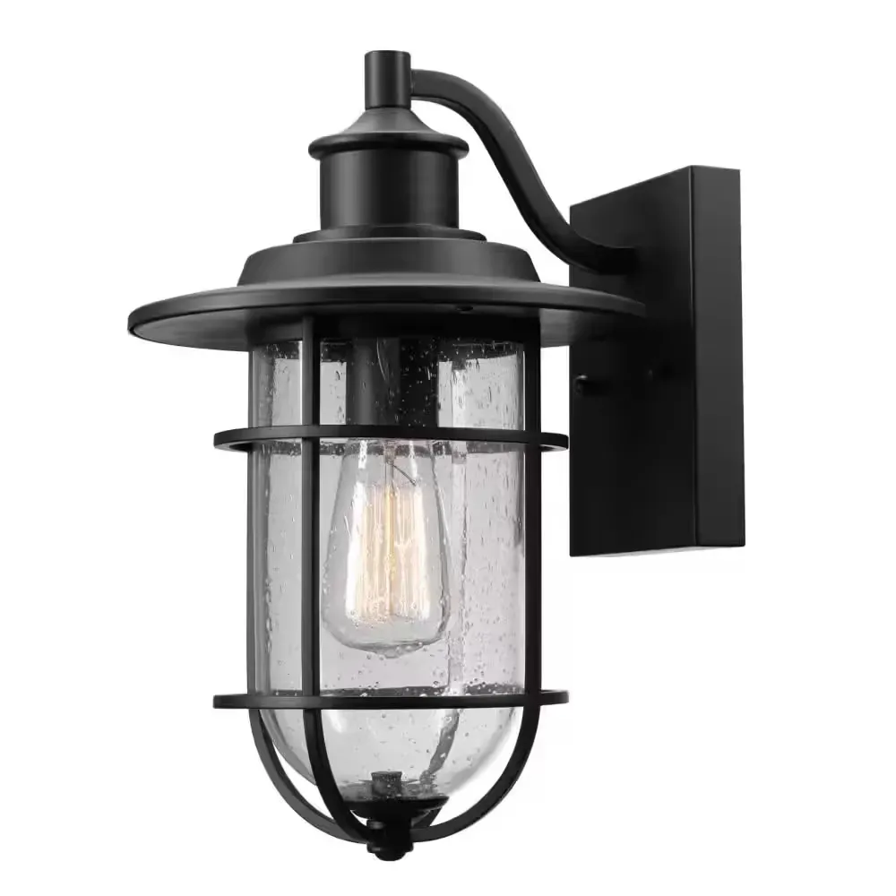 Turner 13.58 in. 1-Light Vintage Black Outdoor Wall Light Lantern Sconce with Clear Seeded Glass - image 1