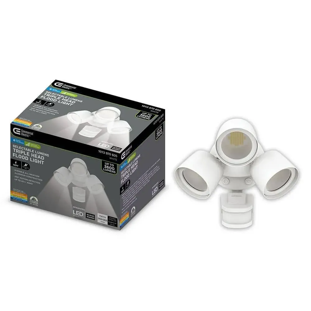 Commercial Electric 240° Motion Activated Dusk to Dawn Sensor White Outdoor Triple Head LED Security Flood Light 36-Watt 3600 Lumen - image 1