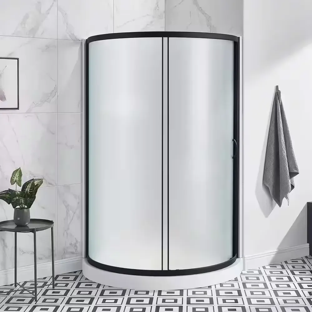Breeze 40 in. L x 40 in. W x 77 in. H Corner Shower Kit with Frosted Sliding Door in Black, Shower Pan, and Walls - image 1