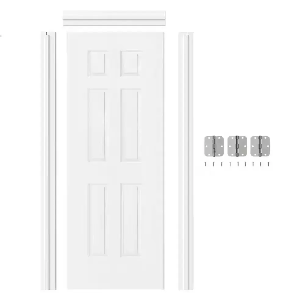 32 in. x 80 in. 6 Panel, Hollow Core, White Primed, MDF Prehung Interior Door Right-Handed with Door Jamb and Hardware - image 1