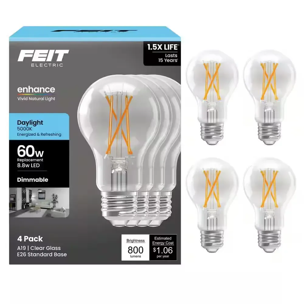 60-Watt Equivalent A19 Dimmable Clear Glass Filament LED Light Bulb Daylight (4-Pack) - image 1