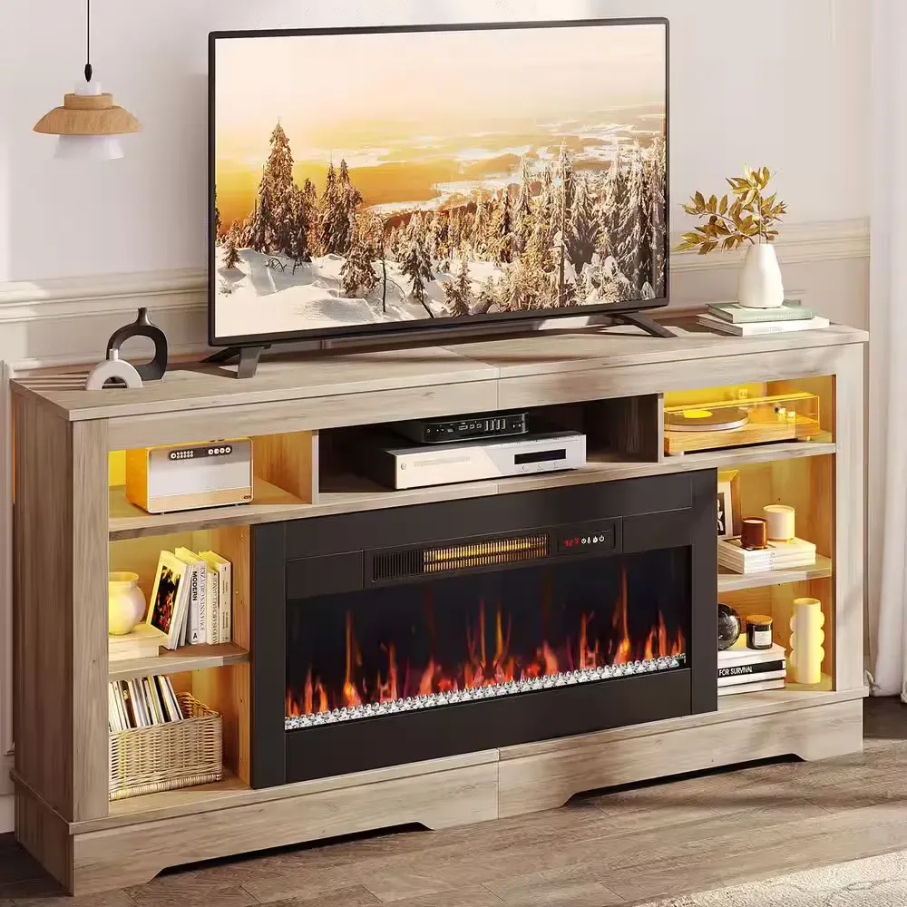 71 in. Wash Gray Freestanding Electric Fireplace TV Stand Fits TV Up to 75 in. Entertainment Center with Cabinet - image 1