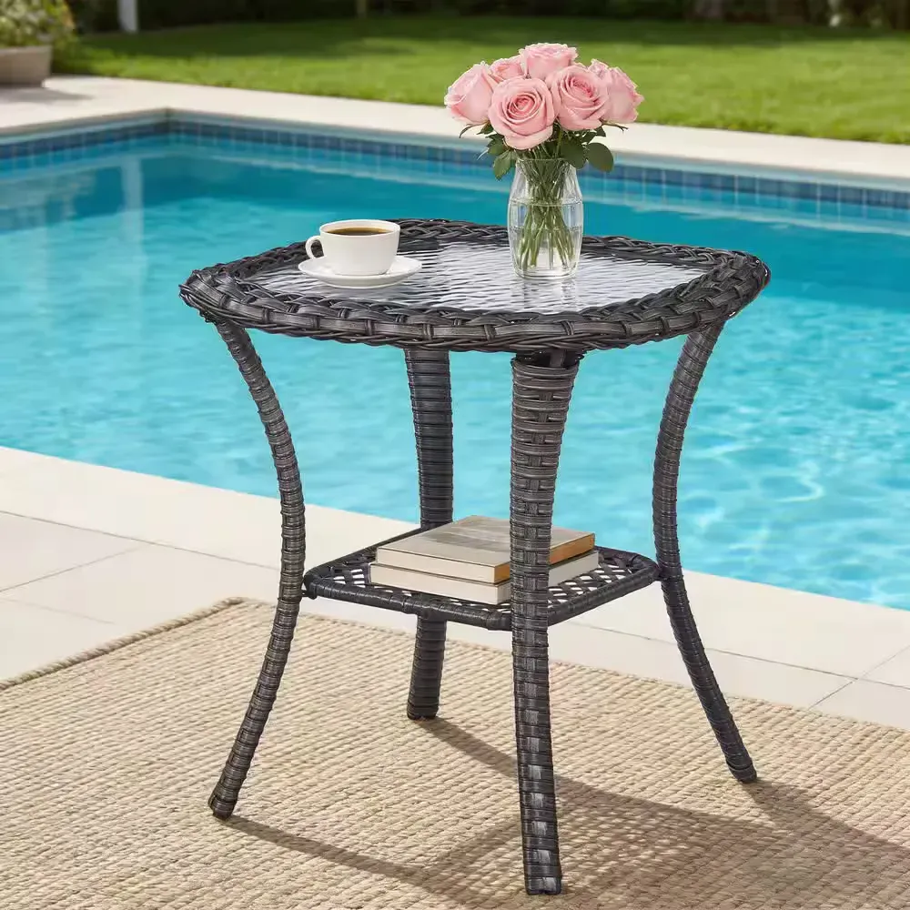 All-Weather Wicker Patio Side Table with Glass Top (Carolina Brown Square Wicker Outdoor Side Table) - image 3