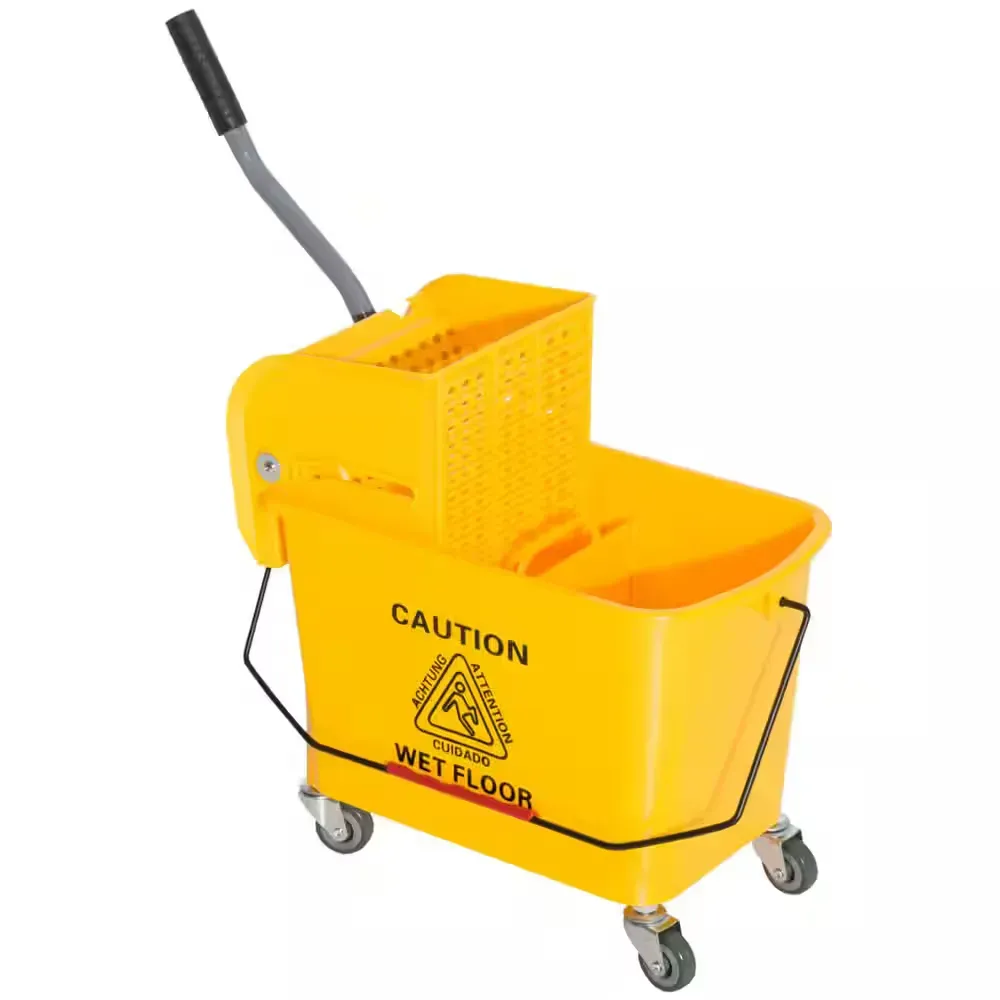 5 Gal. Yellow Plastic Steel Janitor Mop Bucket with Down Press Wringer and Wheels - image 1