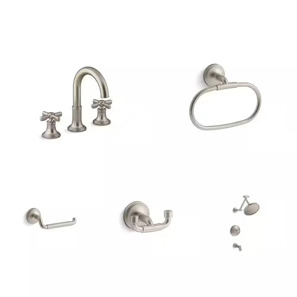 Paces 8 in. Widespread Faucet, Towel Ring, Toilet Paper Holder, Robe Hook and Tub/Shower Faucet Set in Brushed Nickel - image 1