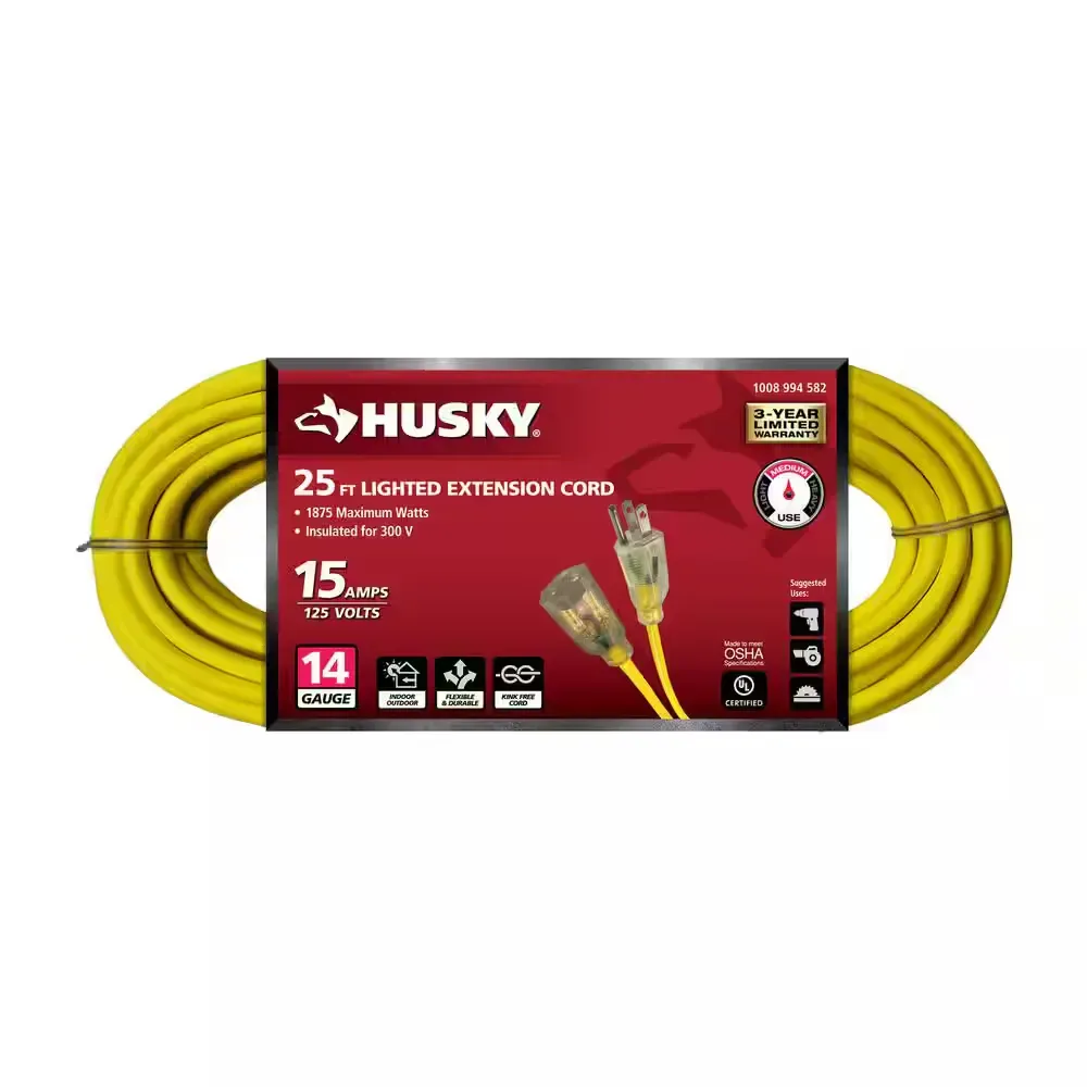 25 ft. 14/3 Medium Duty Indoor/Outdoor Extension Cord with Lighted End, Yellow - image 1