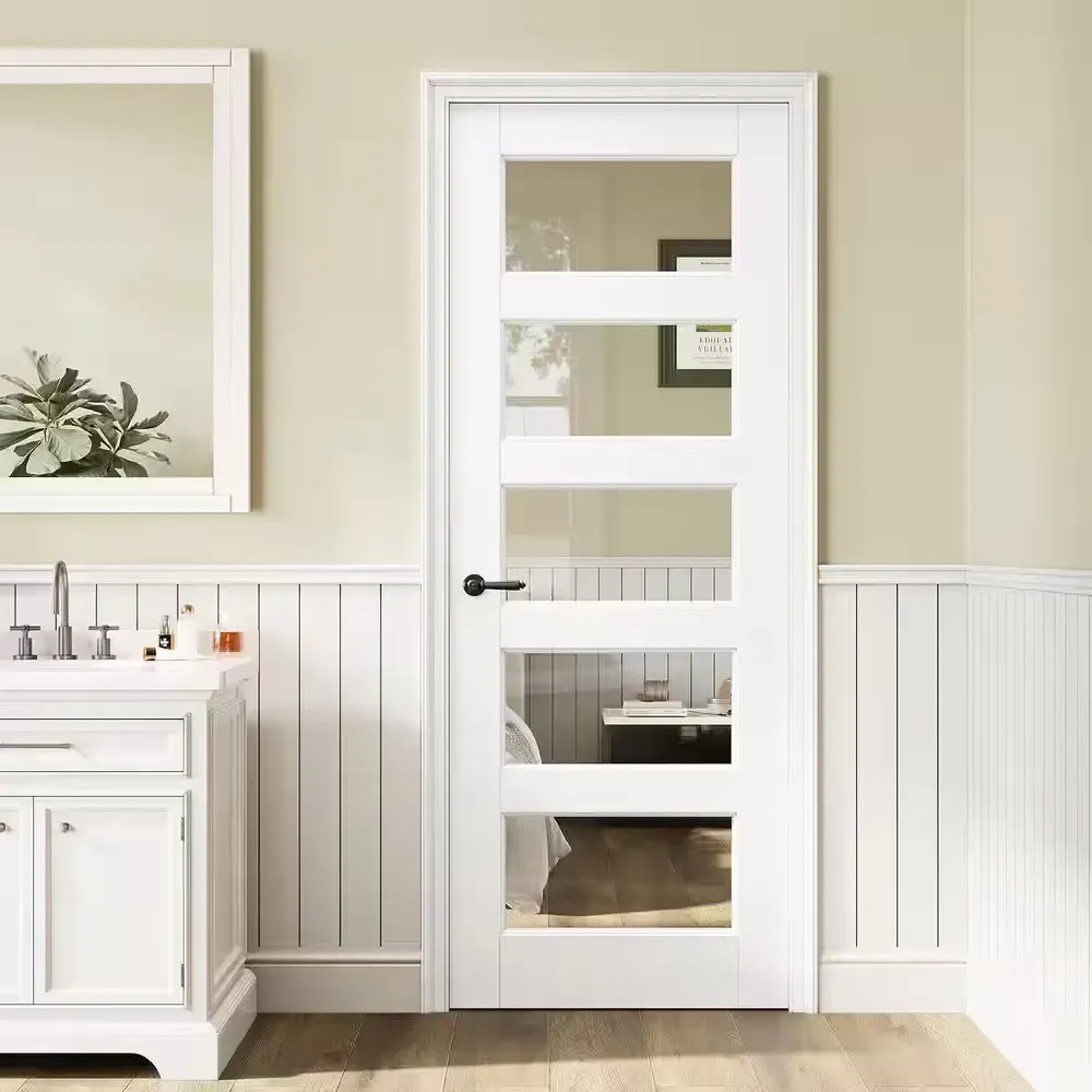 30 in. x 80 in. 5-Lite Tempered Clear Glass White Solid Core Primed Wood Interior Door Slab - image 1