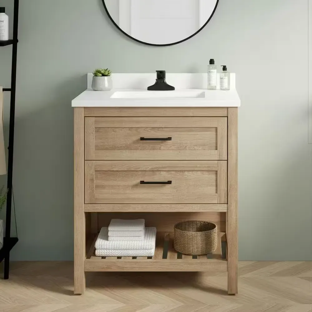 Autumn 30 in. Single Sink Weathered Tan Bath Vanity with White Engineered Stone Top (Assembled) - image 1