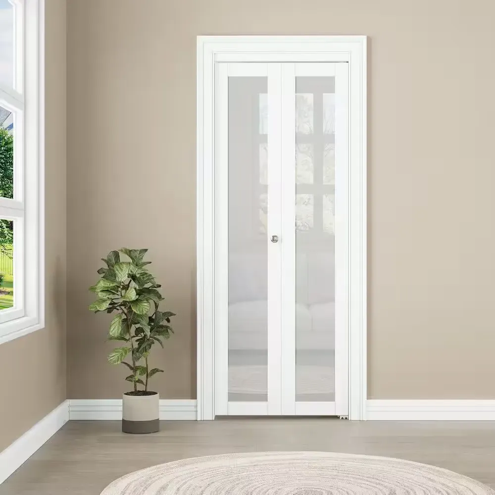 32 in. x 80 in. 1-Lite Frosted Glass Solid Core MDF White Finished Closet Bifold Door with Hardware - image 1