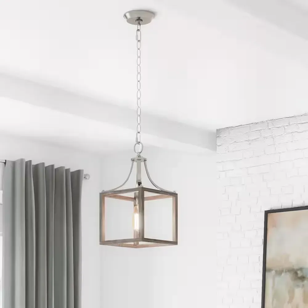 Boswell Quarter 1-Light Brushed Nickel Mini-Pendant with Weathered Wood Accents - image 1