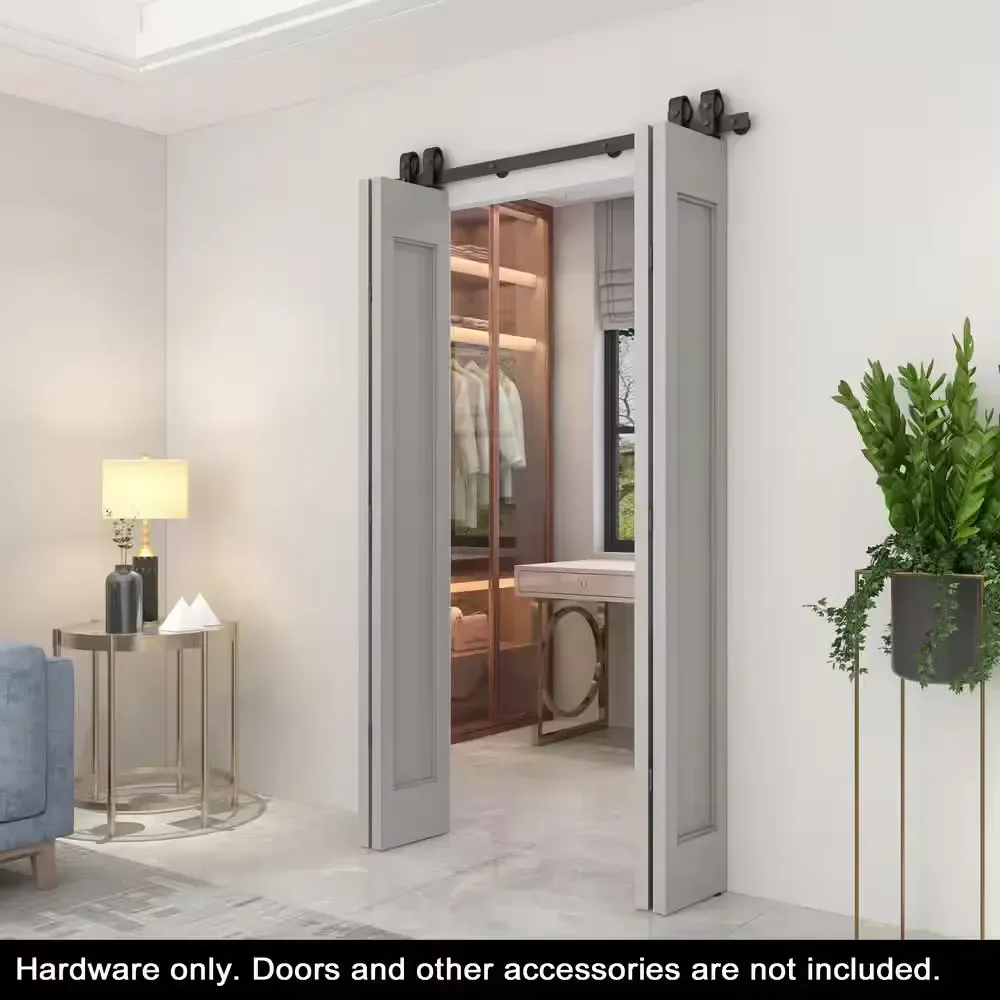 51 in. Black Double Bi-Fold Top Mount Sliding Barn Door Track and Hardware Kit-Door Not Included - image 1