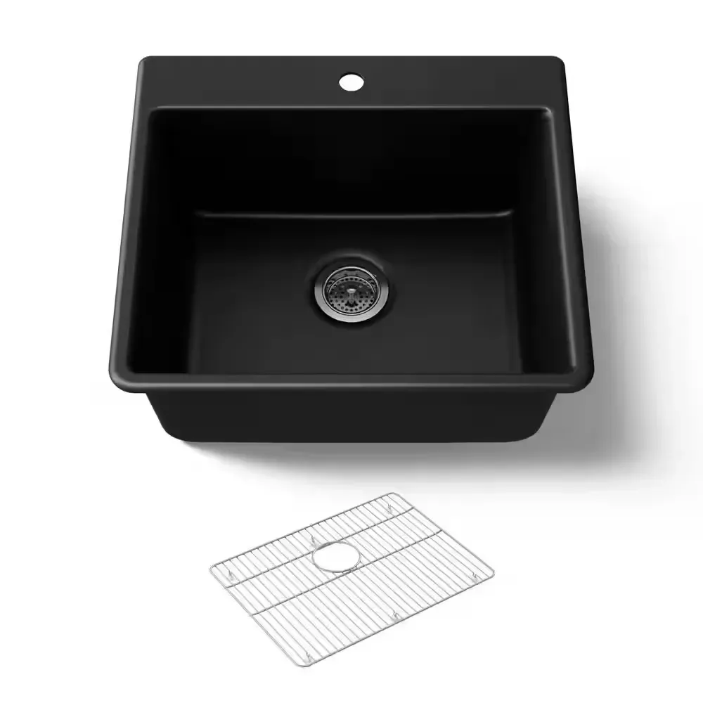 Kennon Drop-In Neoroc Granite Composite 25 in. Single Bowl Kitchen Sink in Matte Black with Basin Rack - image 1