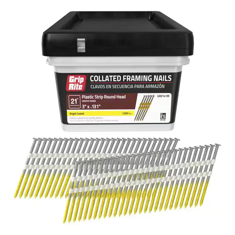 3 in. x 0.131 in. 21° Plastic Collated Bright Coated Smooth Shank Round Head Nails 1000 per Box - image 1