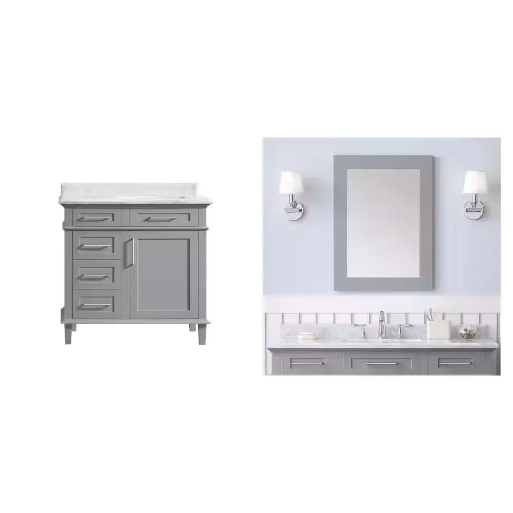 Sonoma 36 in. Pebble Gray Vanity with Carrara Marble Top and 22 in. x 30 in. Mirror Combo - image 1