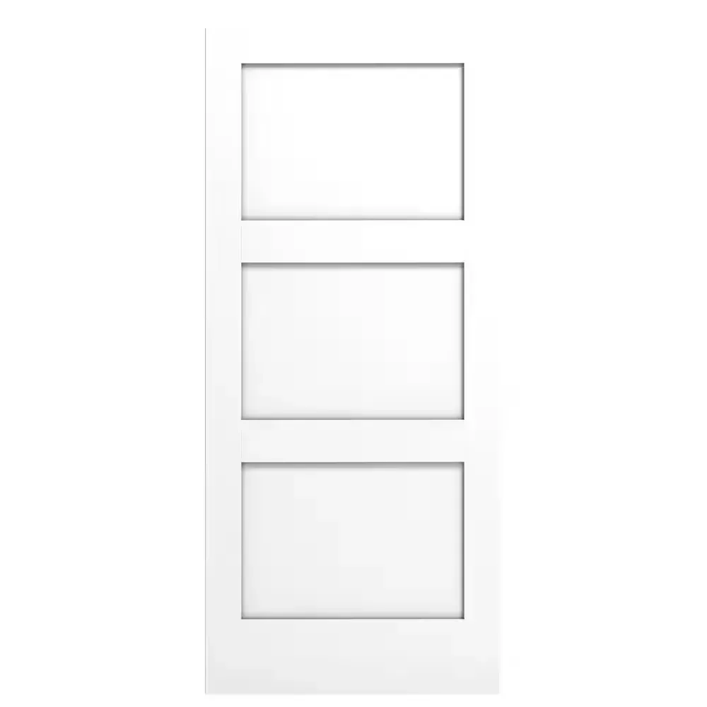 36 in. W x 80 in. H 3 Panel Square Shaker Flat MDF Core Primed White Wood Interior Door Slab - image 1