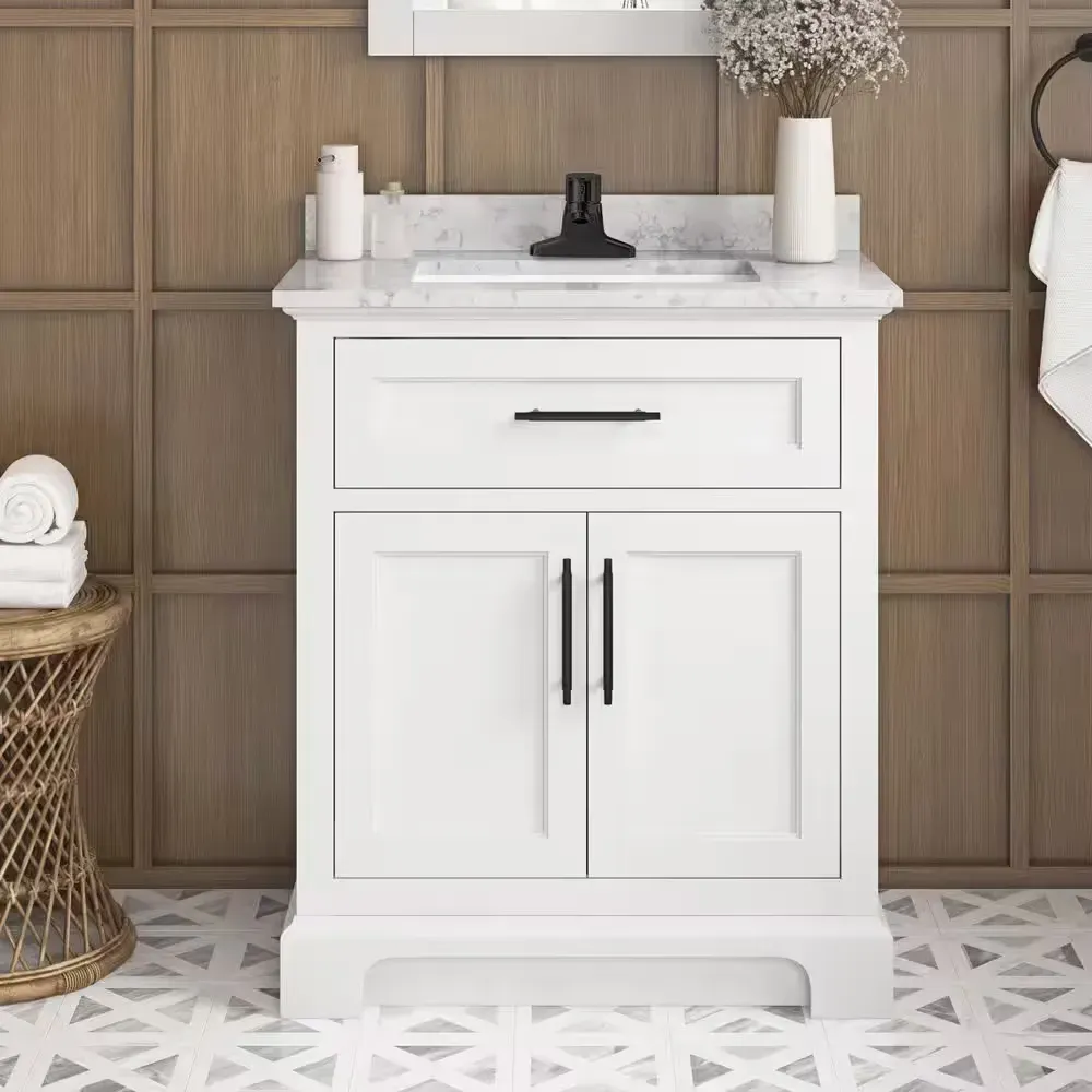 Doveton 30 in. Single Sink Freestanding White Bath Vanity with White Engineered Marble Top (Assembled) - image 1