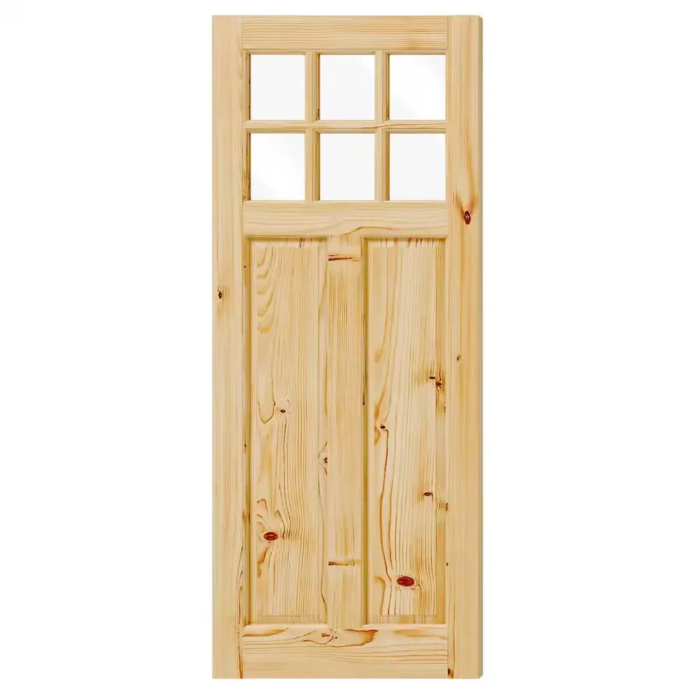 36 in. x 80 in. 6 Lite, Universal, Clear Glass, Solid Pine Wood, Light Brown Primed Wood Front Door Slab - image 1