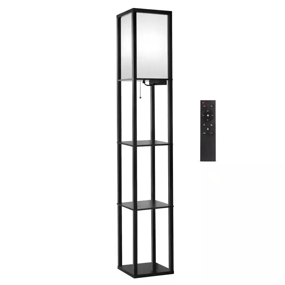 63.7 in. Black 1-Light LED Energy Efficient Column Shelf Floor Lamp with Beige Fabric Shade - image 1