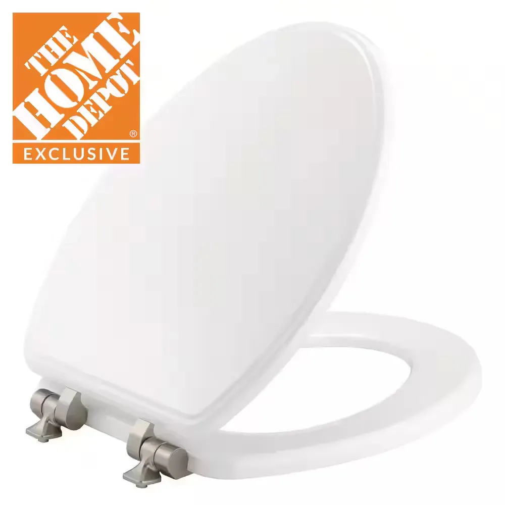 Weston Elongated Soft Close Enameled Wood Never Loosens Brushed Nickel Metal Hinge Toilet Seat in White - image 1