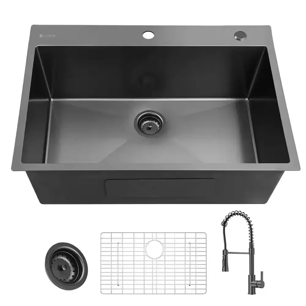 33 in. Drop-In Single Bowl 18 Gauge Gunmetal Black Stainless Steel Kitchen Sink with Black Spring Neck Faucet - image 1