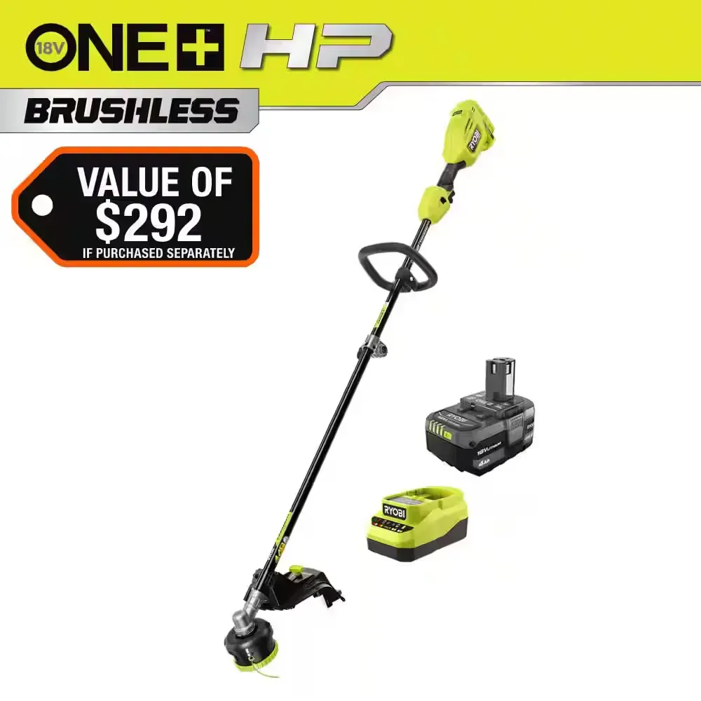 ONE+ HP 18V Brushless Whisper Series 15 in. Cordless Attachment Capable String Trimmer with 4.0 Ah Battery and Charger - image 1