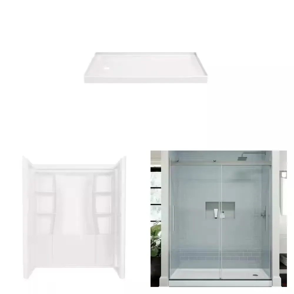 Classic 500 60 in. x 32 in. Shower Pan with Left Drain, 3-Piece Shower Surround and 59-3/8 in. Sliding Door Combo - image 1