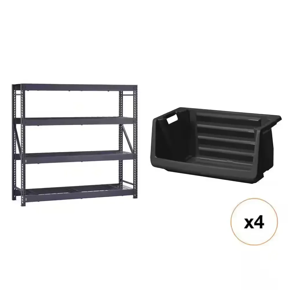 (Pack of 3 )Husky 77 in. W 4-Shelf Black Metal Shelving Unit, 55 Gal. Stackable Storage Bin (4-Count) Combo - image 1