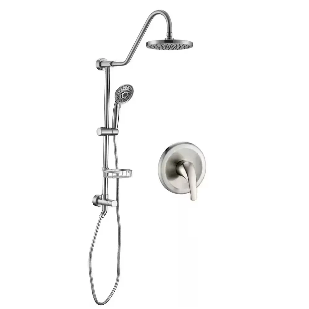 5-Spray Round Wall Bar Shower Kit with Hand Shower with Adjustable Soap Basket in Brushed Nickel - image 1