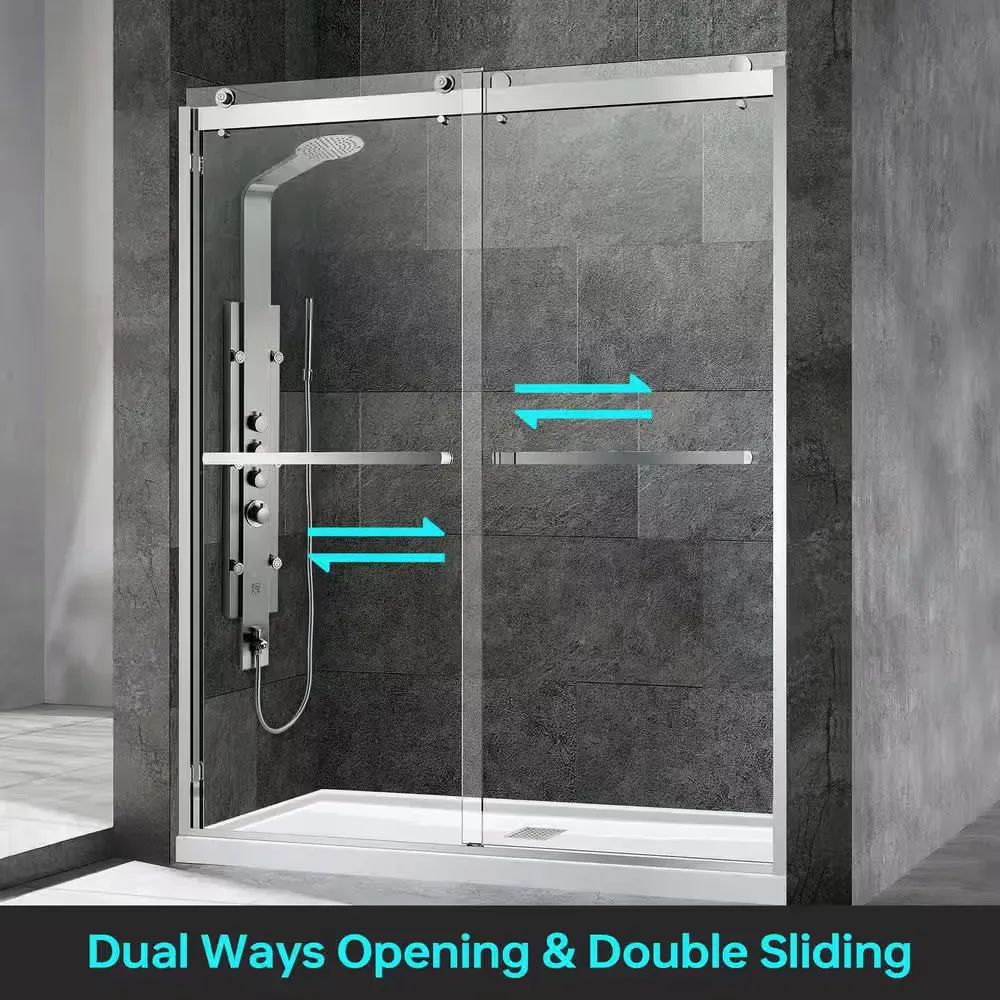 60 in.W x 76 in.H Double Sliding Frameless Shower Door in Brushed Nickel with 3/8 in. (10 mm) Clear Tempered Glass - image 1