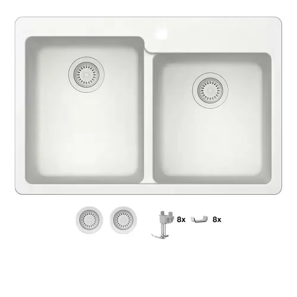 Stonehaven 33 in. Drop-In 60/40 Double Bowl White Ice Granite Composite Kitchen Sink with White Strainer - image 1