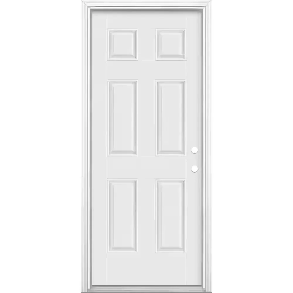 30 in. x 80 in. 6-Panel Left Hand Inswing Primed White Smooth Fiberglass Prehung Front Exterior Door with Brickmold - image 1