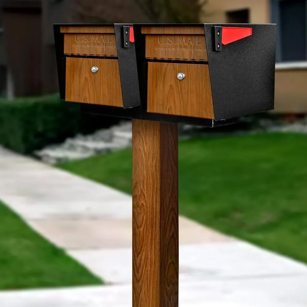 Mail Boss Mail Manager X2 Locking Mailbox Combo Kit with In-Ground Post, Wood Grain & Black, 2 Compartment High Security Cluster - image 1