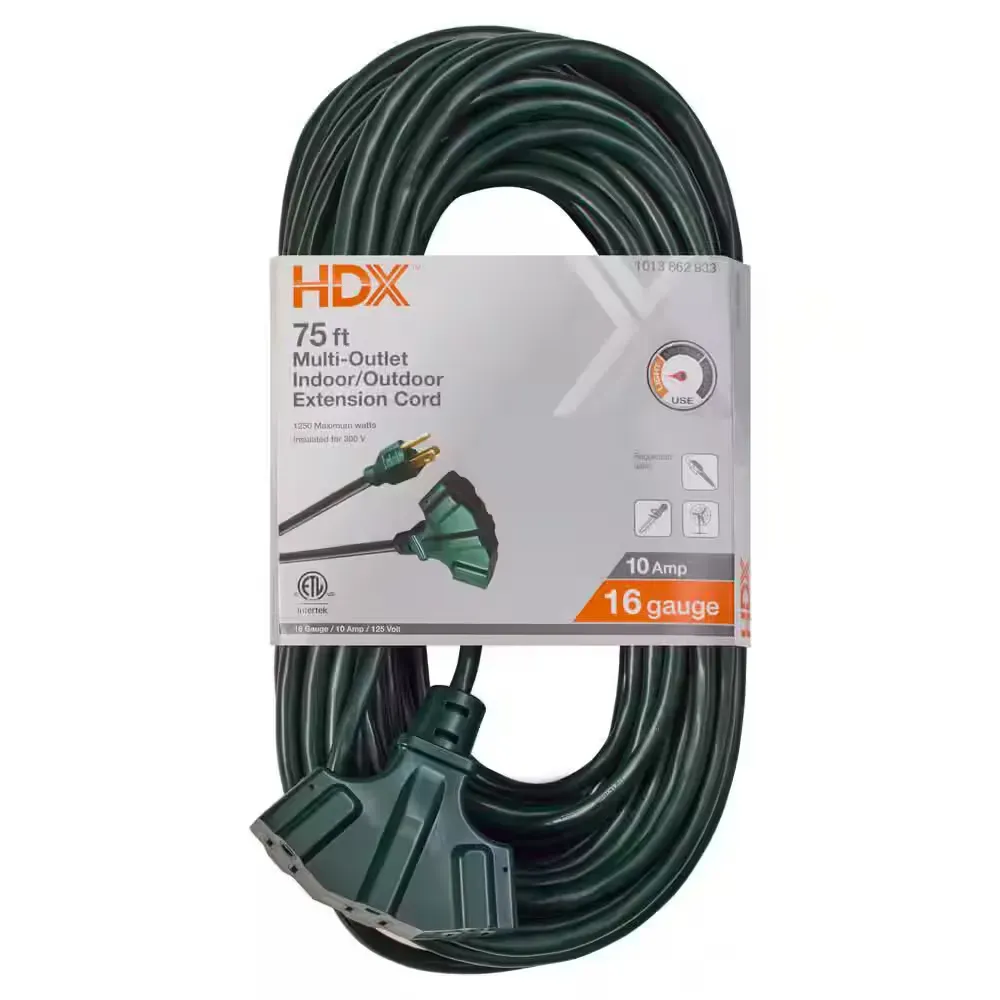 75 ft. 16/3 Light Duty Indoor/Outdoor Extension Cord with Multiple Outlet Triple Tap End, Green - image 1