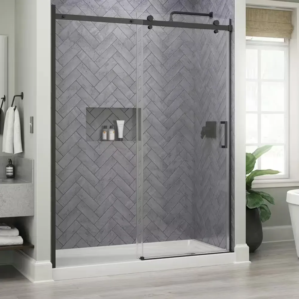 Commix 54-3/8 to 60 in. W x 76 in. H Frameless Exposed Roller Sliding Shower Door in Matte Black, 5/16 in. Clear Glass - image 1