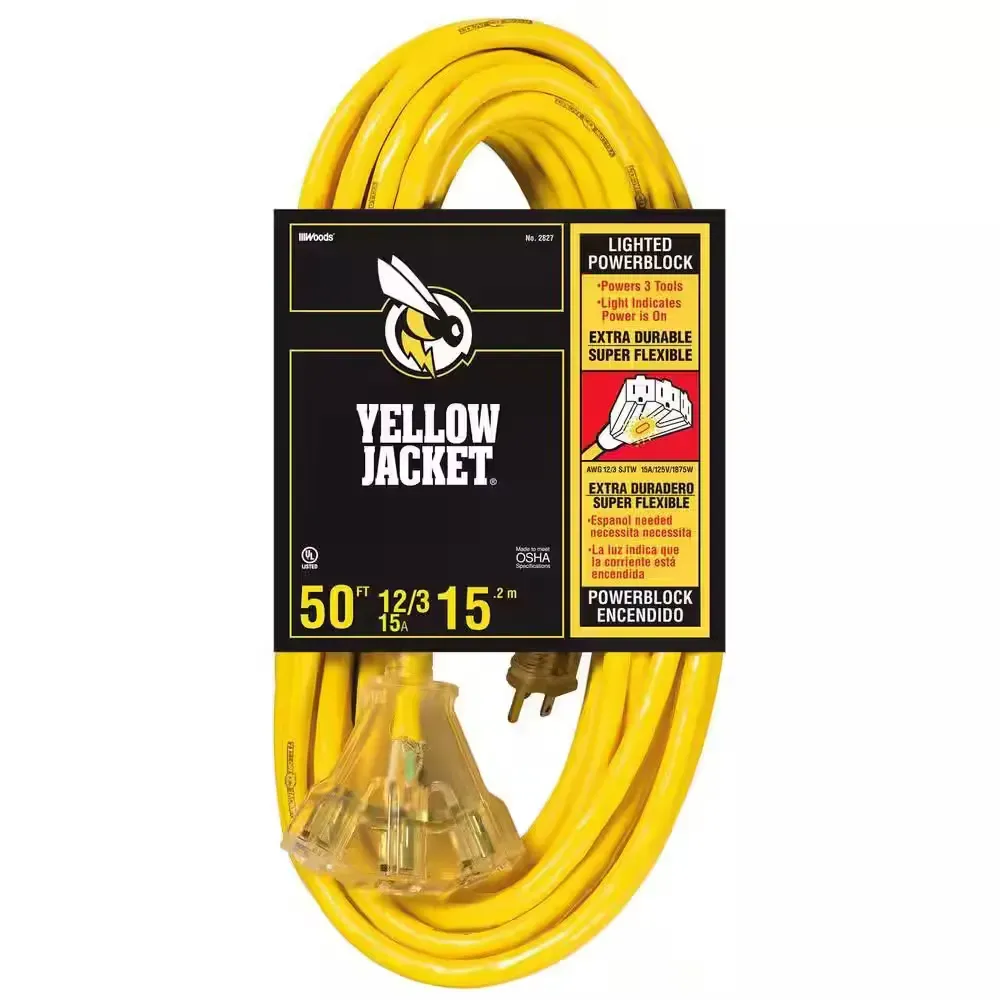 50 ft. 12/3 SJTW Multi-Outlet (3) Outdoor Heavy-Duty 15 Amp Contractor Extension Cord with Power Light Block - image 1