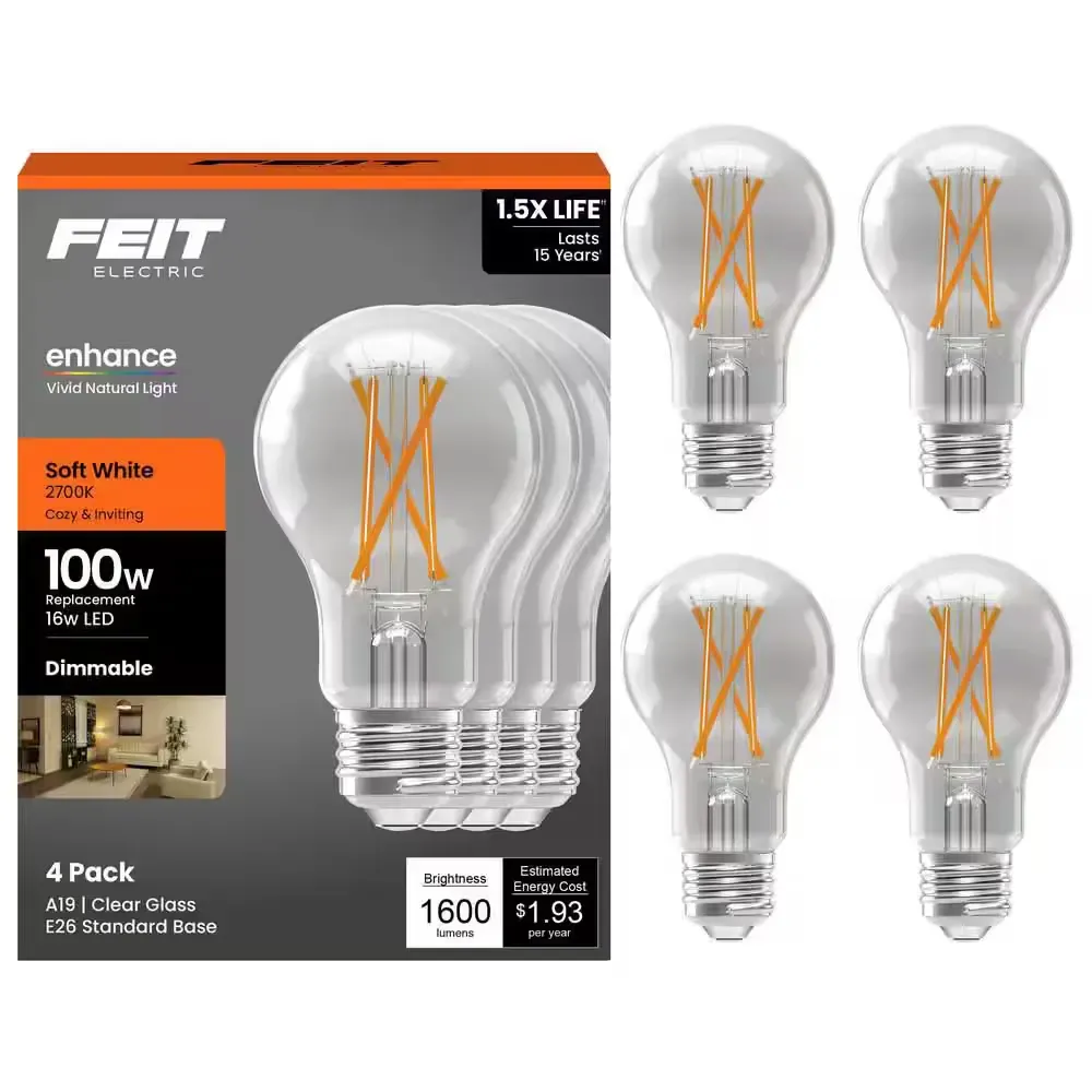 100-Watt Equivalent A-style A19 Dimmable CEC Title 20 90 CRI Clear Filament E26 LED Light Bulb Soft White 2700K (4-Pack) - image 1