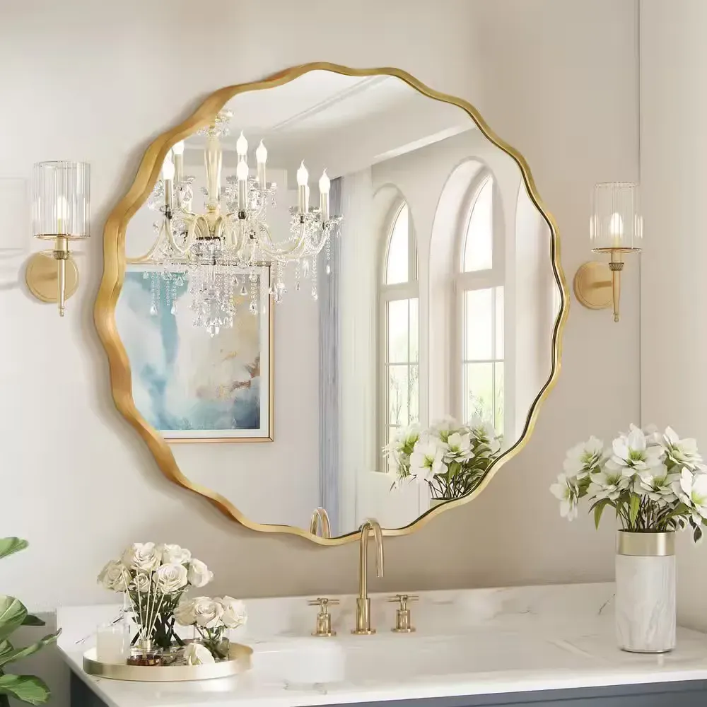 31.5 in. W x 31.5 in. H Round Gold Aluminum Alloy Framed Scalloped Wavy Wall Mirror - image 1