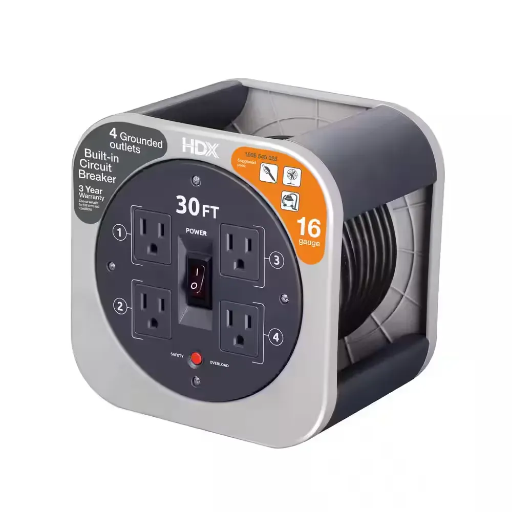 30 ft. 16/3 Extension Cord Reel with 4 Grounded Outlets and Surge Protector in Gray - image 1