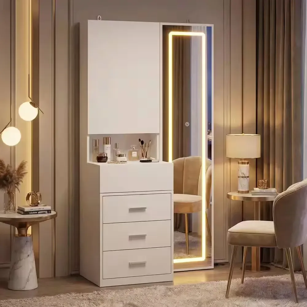 Modern White Makeup Vanity with Full-Length LED Lighted Mirror and Storage - image 1