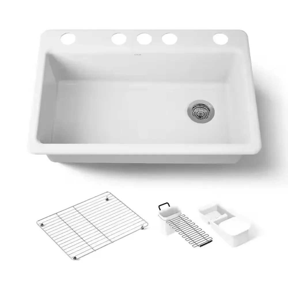Riverby Undermount Cast Iron 33 in. 5-Hole Single Bowl Kitchen Sink with Accessories in White - image 1