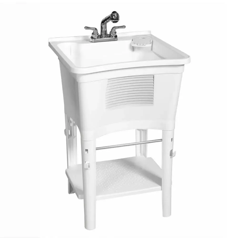 Glacier Bay 24.1 in. L x 24.1 in. W x 36.7 in. H Laundry Sink / Utility Sink Work Center in White with Pull-Out Faucet in Chrome - image 1
